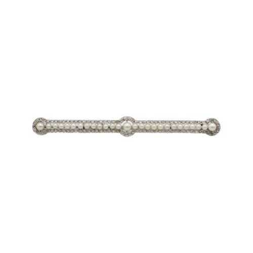Platinum Pearl & Old Mine Cut Natural Diamond Bar Pin Brooch