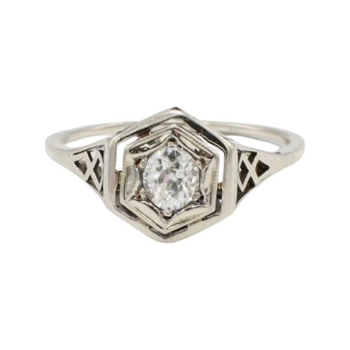 Art Deco 14 Karat White Gold Old Mine Cut Natural Diamond Ring