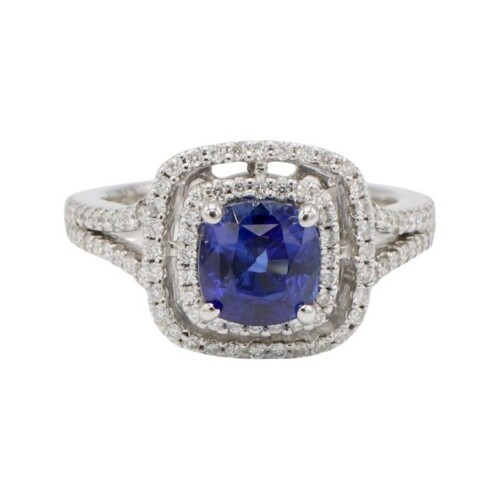 Gregg Ruth 18K White Gold Blue Sapphire & Natural Diamond Halo Cocktail Ring