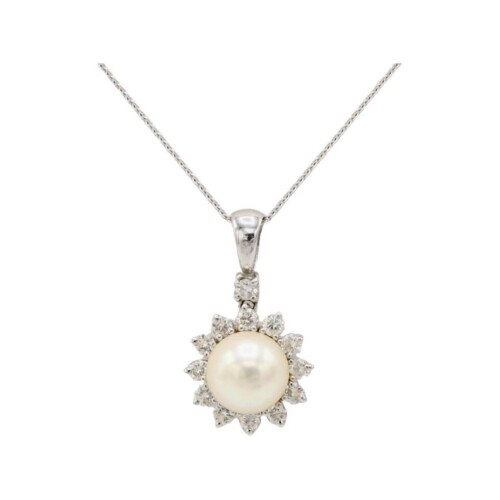 White Gold Cultured Pearl & Natural Diamond Drop Pendant Necklace