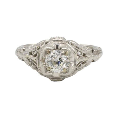 Art Deco 18 Karat White Gold Old European Cut Natural Diamond Engagement Ring