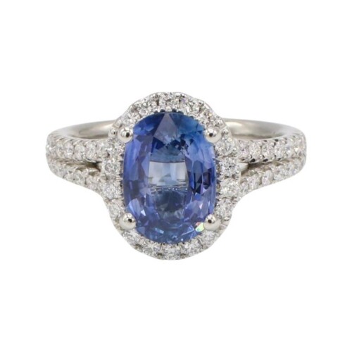 GIA Certified 2.62 Carat Natural Oval Blue Sapphire & Diamond Halo Ring