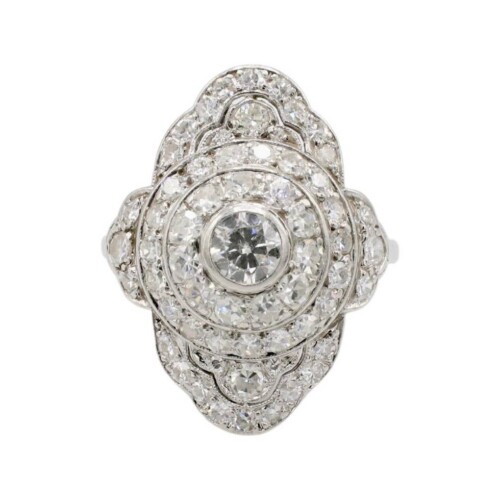 Art Deco Platinum 1.40 Carat Natural Diamond Navette Cluster Dome Ring