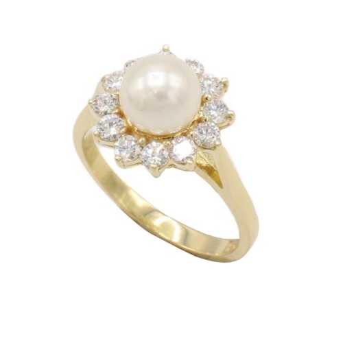 18 Karat Yellow Gold Cultured Pearl & Natural Diamond Halo Cocktail Ring