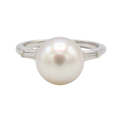14 Karat White Gold Akoya Cultured Pearl & Natural Diamond Cocktail Ring