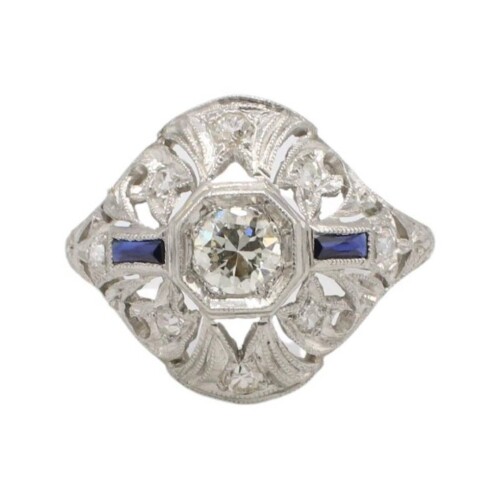 Art Deco Platinum Old European Cut Natural Diamond & Sapphire Filigree Cocktail Ring