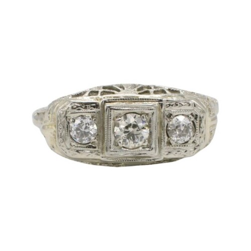 Antique 14 Karat White Gold Three-Stone Natural Diamond Filigree Ring