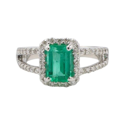 GIA Certified 1.53 Carat Emerald & Natural Diamond Halo White Gold Engagement Ring