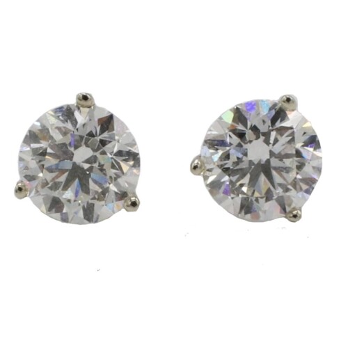 GIA Certified 2.46 Carat H SI2 Round Natural Diamond Three Prong Stud Earrings