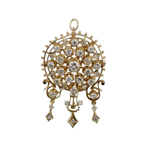 14 Karat Yellow Gold Old European Cut Natural Diamond Pendant Brooch Pin
