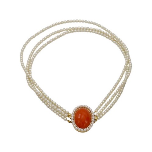 18 Karat Yellow Gold Natural Coral & Pearl Multi Row Pendant Necklace