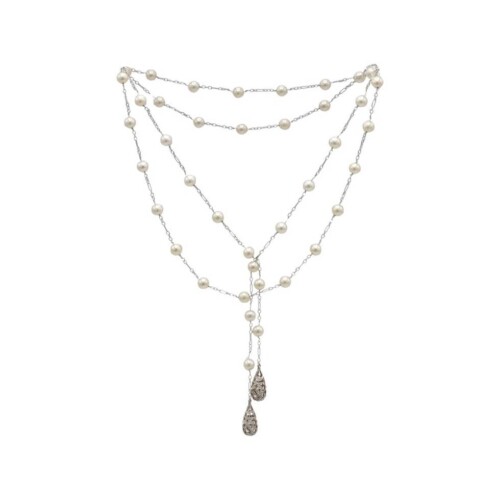 18 Karat White Gold Natural Diamond & Pearl Lariat Drop Necklace 45 Inches