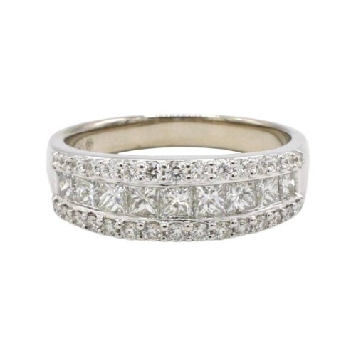 14 Karat White Gold Natural Princess & Round Diamond Half Wedding Band Ring