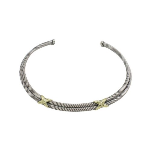 David Yurman Sterling Silver & Gold Double Row Cable X Collar Necklace