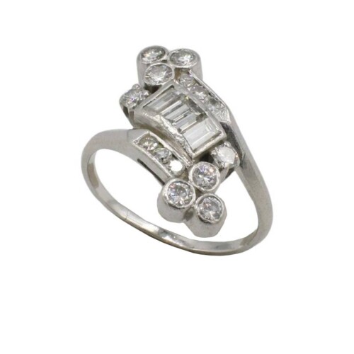Retro Platinum Natural Round & Baguette Diamond Bypass Cocktail Ring