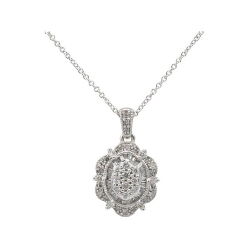 14 Karat White Gold Natural Round & Baguette Diamond Drop Pendant Necklace