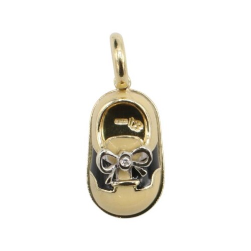 Aaron Basha 18K Gold Black White Enamel & Diamond Saddle Baby Shoe Charm Pendant