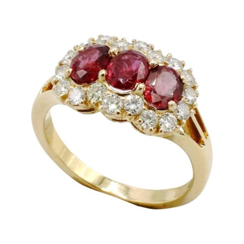 18 Karat Yellow Gold Natural Ruby & Diamond Halo Three-Stone Cocktail Ring