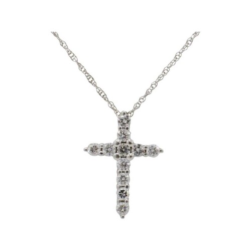 14 Karat White Gold Natural Diamond Cross Pendant Drop Necklace
