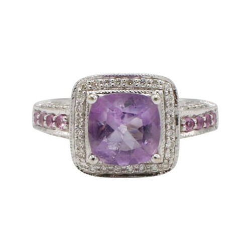 Levian 14 Karat White Gold Natural Diamond & Amethyst Pink Sapphire Cocktail Statement Ring