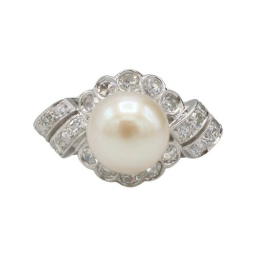 Retro Platinum Natural Diamond & Cultured Pearl Dome Cocktail Ring
