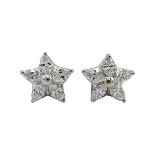14 Karat White Gold 1.20 Carat Marquise Natural Diamond Flower Stud Earrings