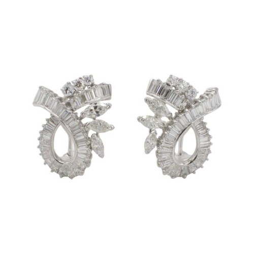 Mid-Century Retro Platinum Natural 6.00 Carat Diamond Ribbon Clip Earrings