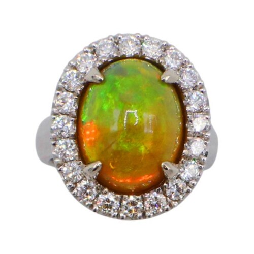 GIA Certified Natural Fire Opal & Diamond Halo Dome Cocktail Statement Ring