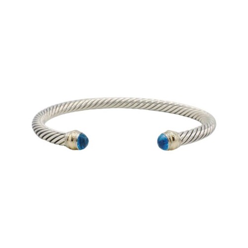 David Yurman Sterling Silver & Gold Cable Classic Blue Topaz Bangle Bracelet Cuff