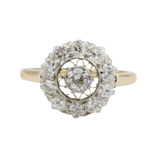 Antique Art Deco 14 Karat Gold Old European Cut Natural Diamond Filigree Cluster Halo Ring