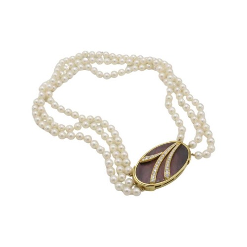 18K Yellow Gold Black Mother-of Pearl & Diamond Three-Strand Pearl Necklace