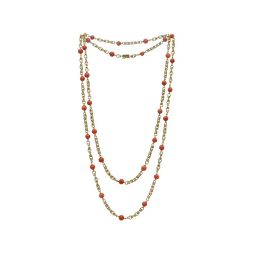 Tiffany & Co. Vintage 18 Karat Yellow Gold Coral Bead Station Chain Necklace Italy