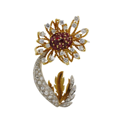 Retro 18 Karat Yellow Gold Natural Diamond & Ruby Flower Brooch Pin