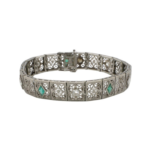 Art Deco 14 Karat White Gold Natural Diamond & Emerald Filigree Bracelet