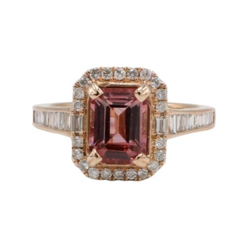 14 Karat Rose Gold Pink Tourmaline & Natural Diamond Halo Cocktail Ring