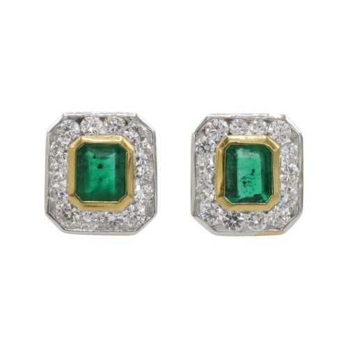 18 Karat Two-Tone Natural Green Emerald & Diamond Halo Stud Earrings