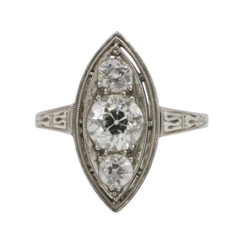 Art Deco Platinum Natural Three-Stone Diamond European Cut Navette Ring