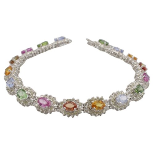 14 Karat White Gold Natural Diamond Multi-Colored Rainbow Sapphire Bracelet
