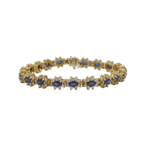 14 Karat Yellow Gold Natural Diamond & Blue Sapphire Halo Tennis Line Bracelet