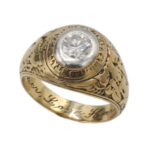 United States Naval Academy 14 Karat Yellow Gold & Natural Diamond Ring 1945