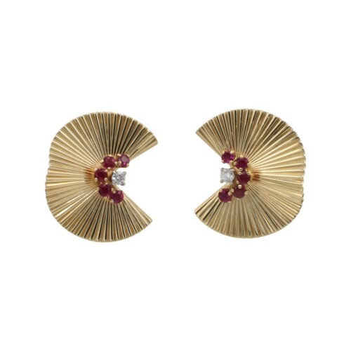 Cartier Retro Mid-Century Gold Natural Diamond & Ruby Fan Lever-Back Ribbon Earrings