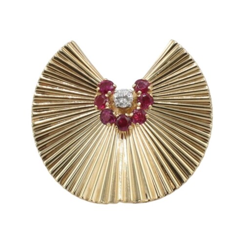 Cartier Retro Mid-Century Yellow Gold Natural Diamond Ruby Fan Ribbon Brooch Pin Clip