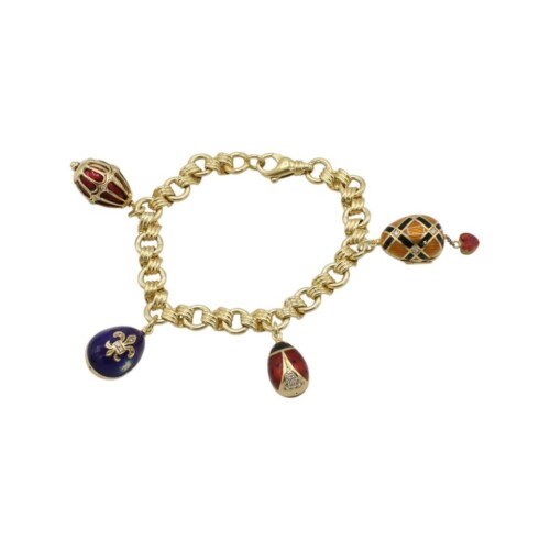Fabergé Egg Yellow Gold Multi-Charm Chain Link Bracelet Diamond & Enamel