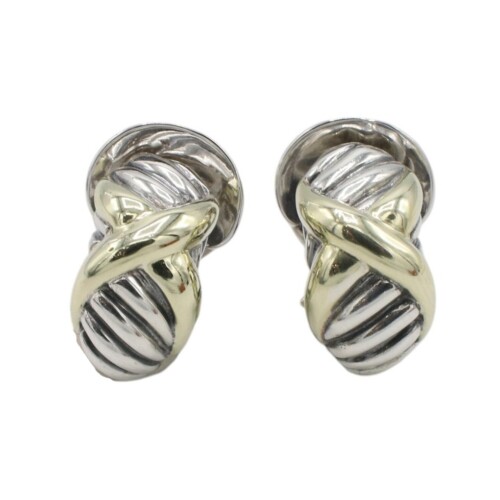 David Yurman Sterling Silver & Gold Petit Cable X Crossover Hoop Lever Back Earrings