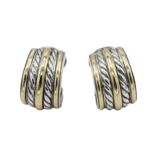 David Yurman Sterling Silver & Gold Large Double Two-Row Cable Huggie Hoop Lever Back Earrings