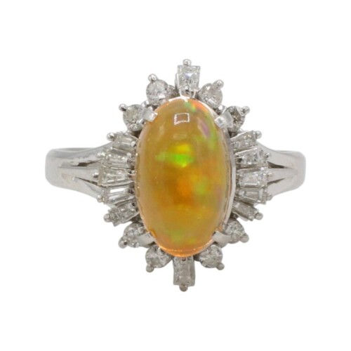 Platinum Natural Fire Opal & Diamond Halo Cocktail Statement Dome Ring