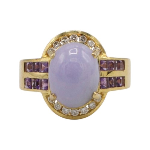 18 Karat Yellow Gold Lavender Jade Amethyst & Natural Diamond Dome Ring
