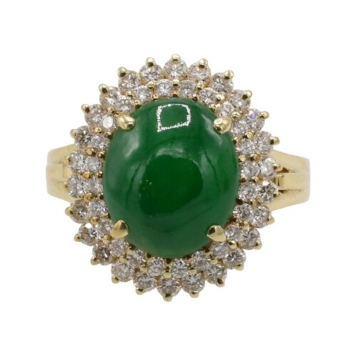 18 Karat Yellow Gold Natural Green Jade & Diamond Double Halo Cocktail Ring