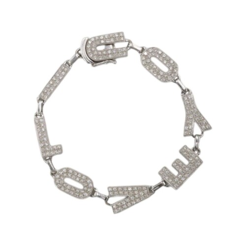 18 Karat White Gold Retro I LOVE YOU Natural Diamond Charm Link Bracelet