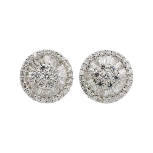 18 Karat White Gold Natural Round & Baguette Diamond Button Cluster Earrings